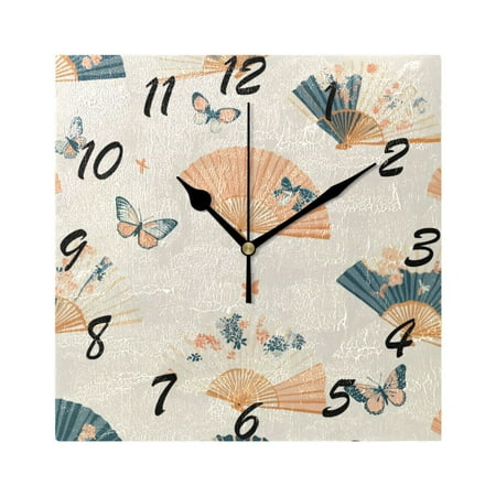 Square Wall Clock Silent Non-Ticking Battery Operated Retro 7.78 Clock for Bedroom Living Room Decor Chinese Fans Pattern