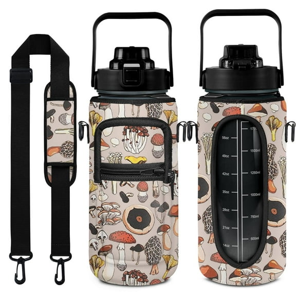 Mushroom 64 Oz Half Gallon Water Bottle with Sleeve - BPA Free Leakproof Sport Large Plastic Water Bottle with Straw Strap & Insulated Neoprene Holder Carrier Bag Great Gift for Women Men