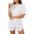thumbnail image 3 of Women Pajama Set Solid Hollow Breathable Split Hem Short Sleeve Top with Casual Shorts Outfit, 3 of 5