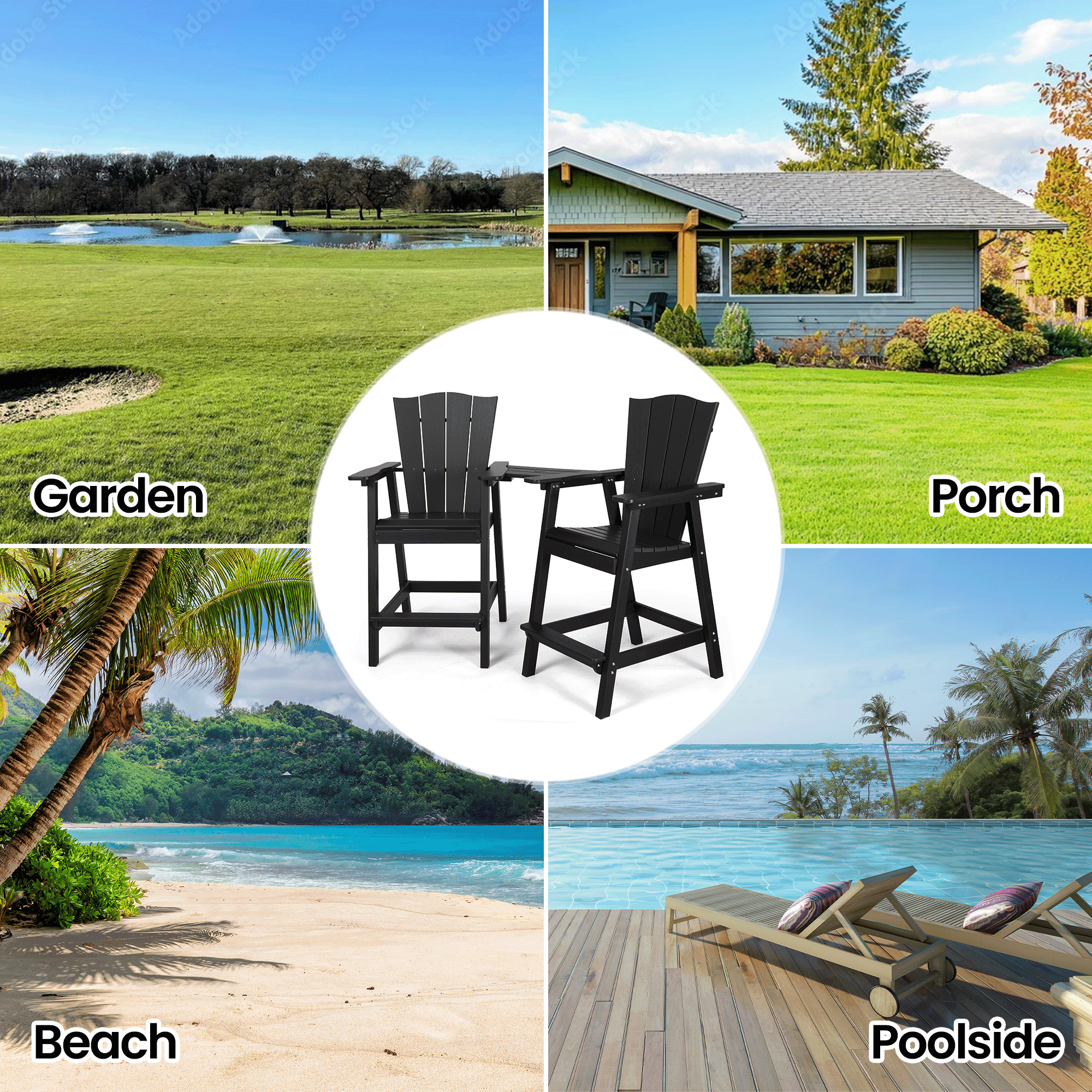 Naipo Tall Adirondack Chairs Set of 2,HDPE Outdoor All-Weather Bar Stool with Removable Connecting Tray Weather Resistant  Patio Furniture for Garden, Balcony, Porch, Pool, Black