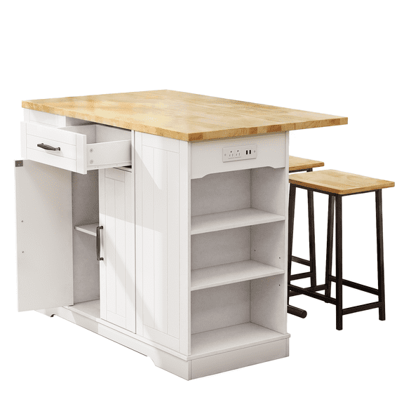 ROGALIS 47"Kitchen Island with 2 Chair, Stationary Island Table with Power Outlet, USB Ports, Spice Rack, Trash Cabinet, and Foldable Drop Leaf for Home Bar or Dining Room,White