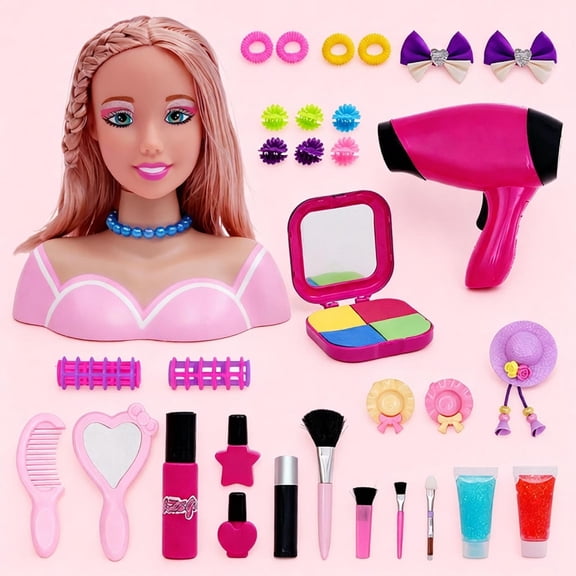 Girls Hair Styling Doll Head Beauty Salon Playset, Pretend Makeup Cosmetic Kit with Full Makeup Tools, Educational Dress Up Role Play Toy for Toddler Girls Ages 3  Birthday Holiday Gifts