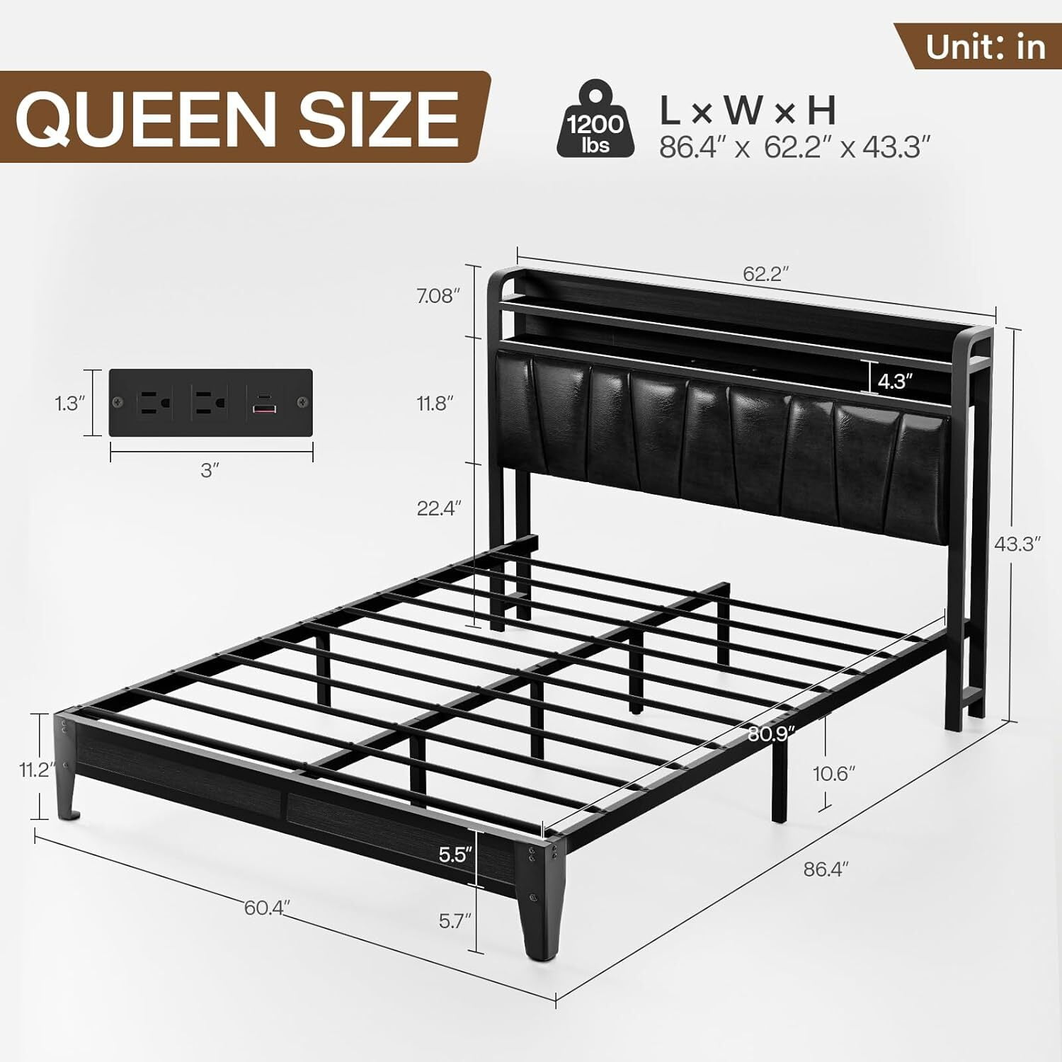 Queen Size Metal Platform Bed Frame with LED Lights and Charging Station, 2-Tier Storage Shelves and PU Leather Headboard for Master Bedroom, No Box Spring Needed, Black