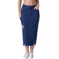thumbnail image 1 of Falda de mezclilla midi ajustada para mujer, de tiro alto, con rotos y dobladillo sin terminar, estilo casual, color azul, 1 of 6