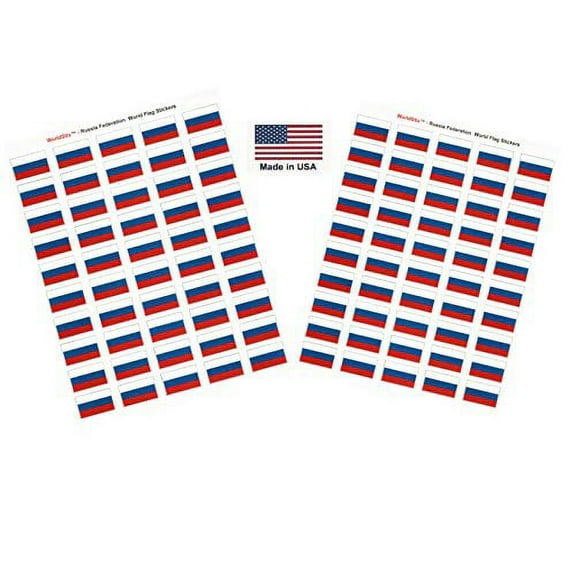 Made in USA! 100 Country Flag 1.5" x 1" Self Adhesive World Flag Scrapbook Stickers, Two Sheets of 50, 100 International Sticker Decal Flags Total (Russia)