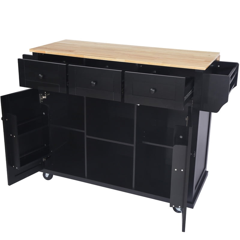 HICOMILA Kitchen Island Cart with Drop Leaf, Rolling Kitchen Island on Wheels with Storage Cabinet, Rubber Wood Countertop, 5 Drawers & Cabinet Door Storage Racks, Black