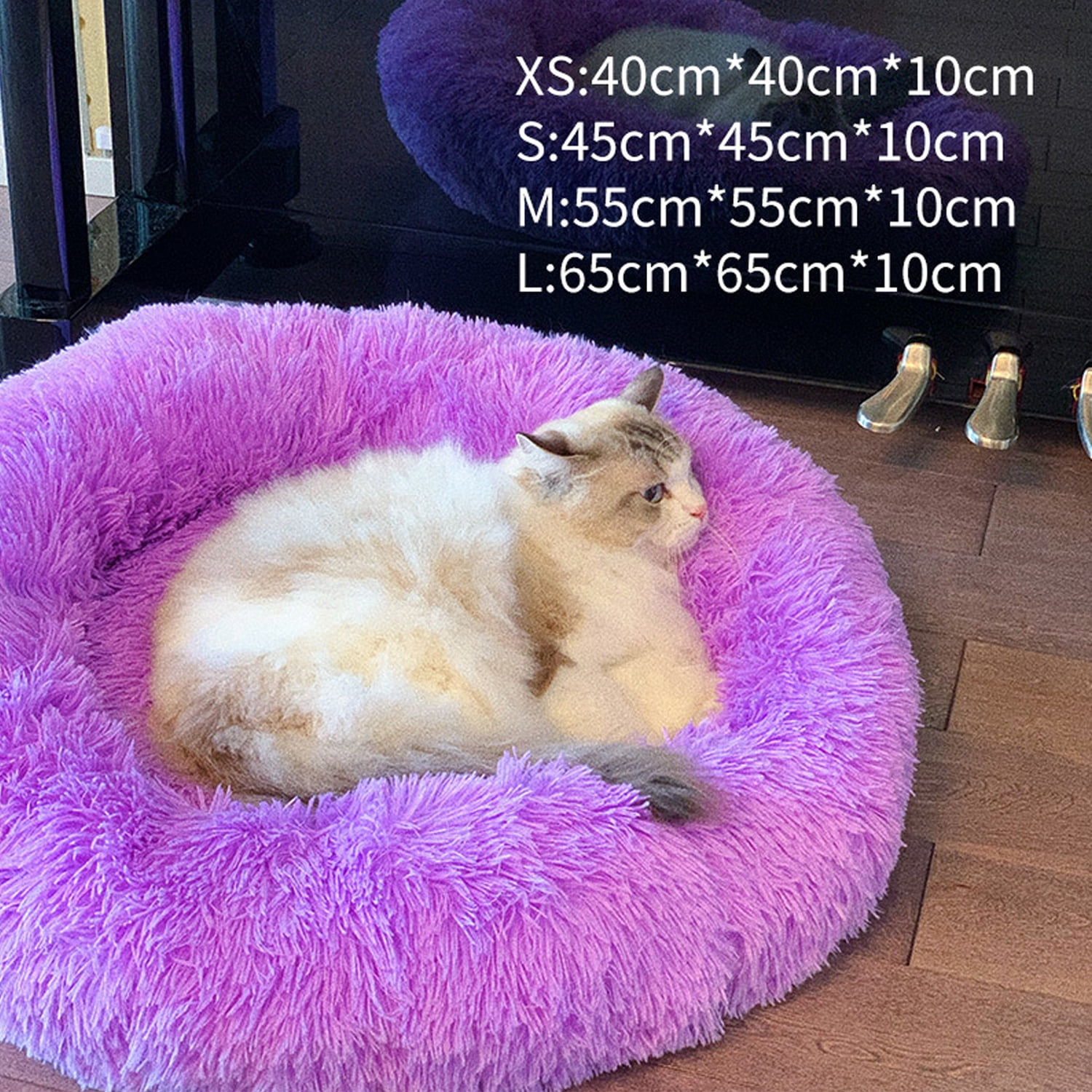 Calming Dog & Cat Bed, Anti-Anxiety Warming Cozy Soft Round Bed, Fluffy Faux Fur Plush Cushion bed for Cats Small Medium Dogs Purple XL