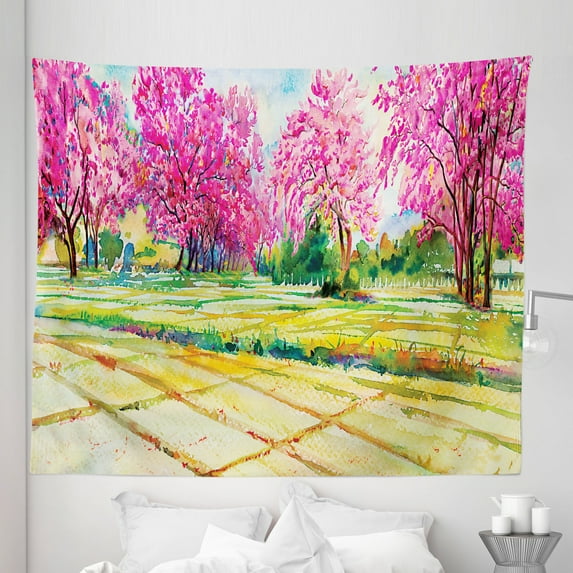 Watercolor Tapestry, Wild Cherry Flowers on Branches Park Scenery Painting Style Art Print, Fabric Wall Hanging Decor for Bedroom Living Room Dorm, 5 Sizes, Pink Green and Ecru, by Ambesonne