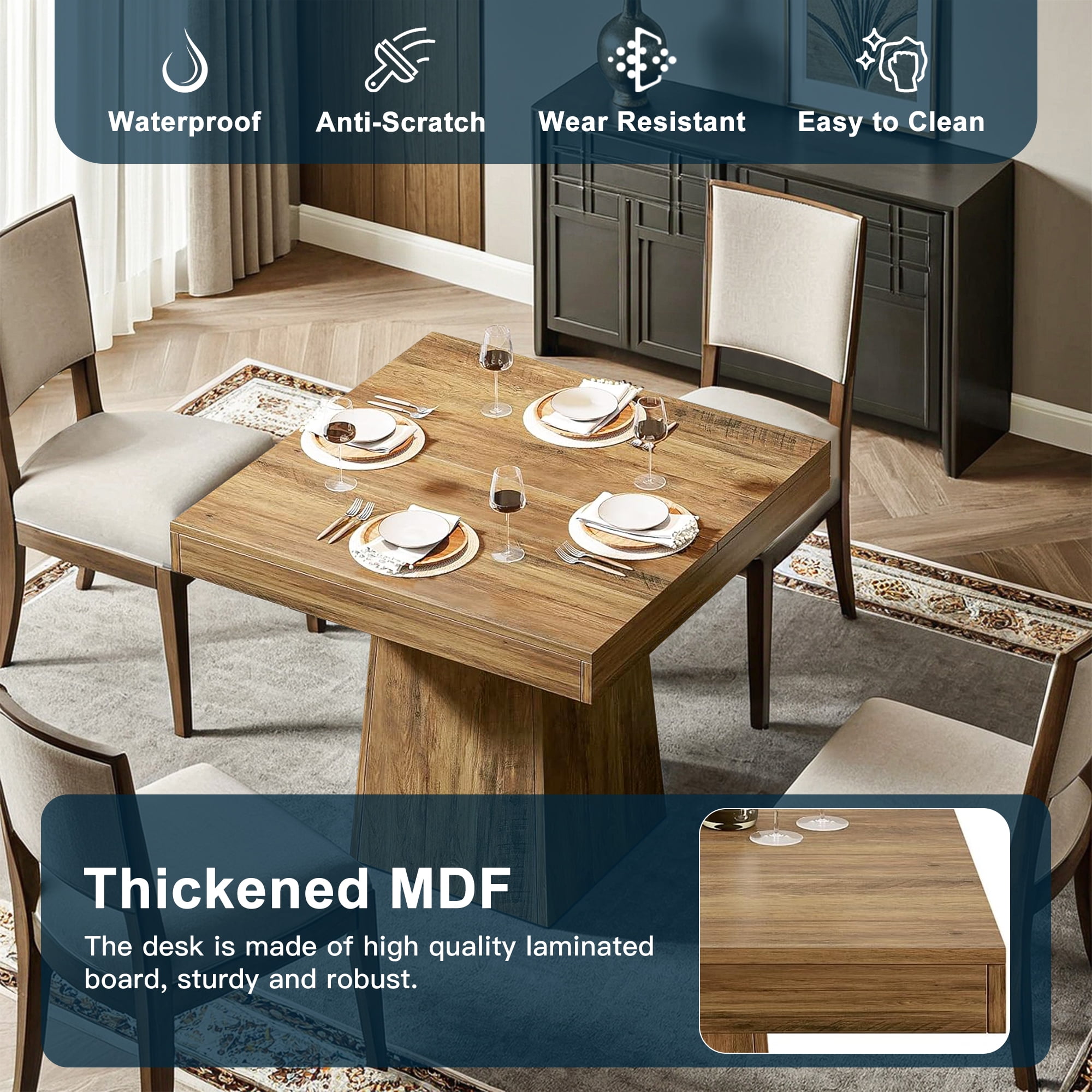 Demi Bonn 31" Modern Square Dining Table for 4 People, Wood Farmhouse Kitchen Dinner Table for Dining Room, Living Room Furniture, Brown