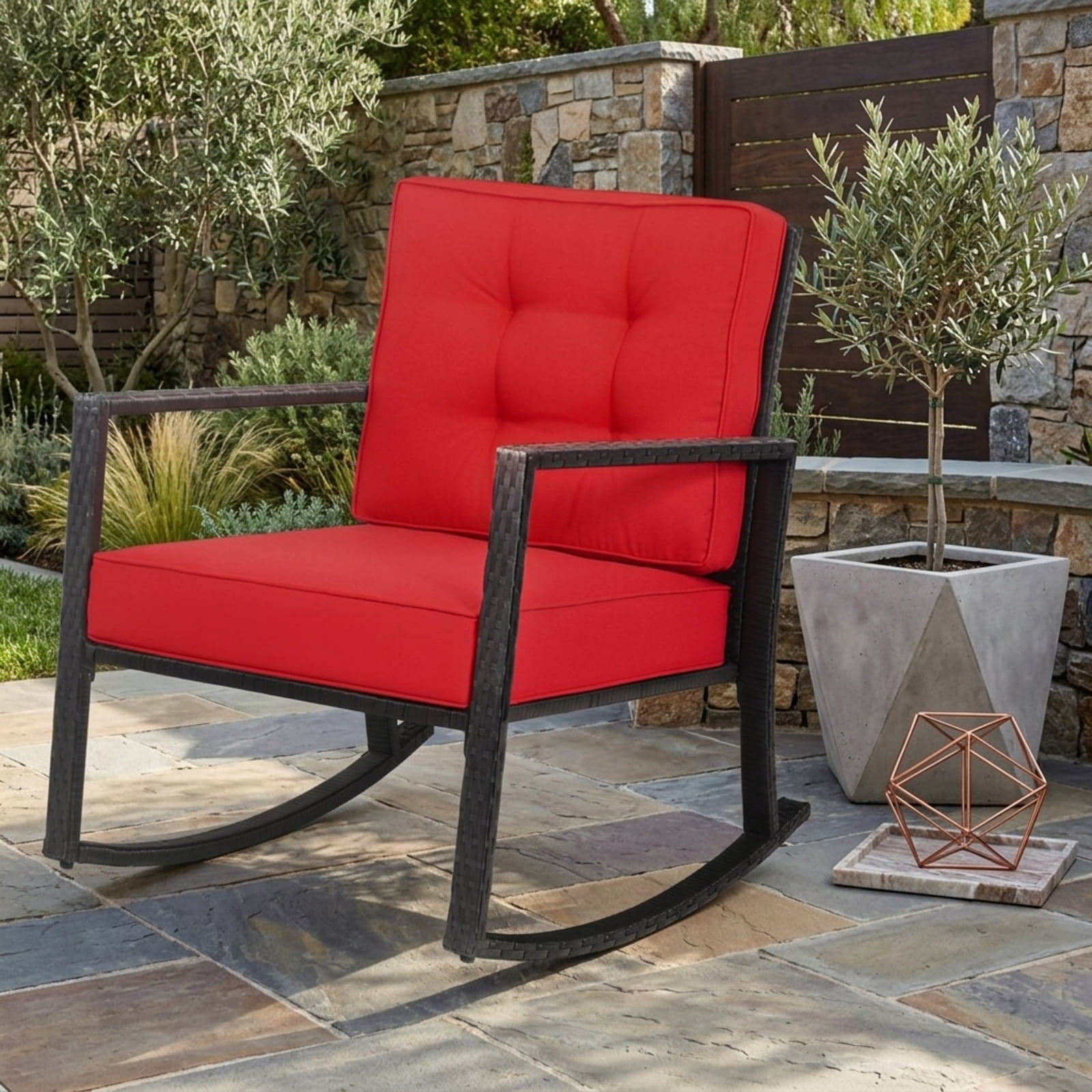 Furnibear Patio Rattan Rocking Chair Outdoor Glider Lounge Chair with Red Cushion, Wicker Rocker for Lawn Garden Deck Backyard, 360 lbs