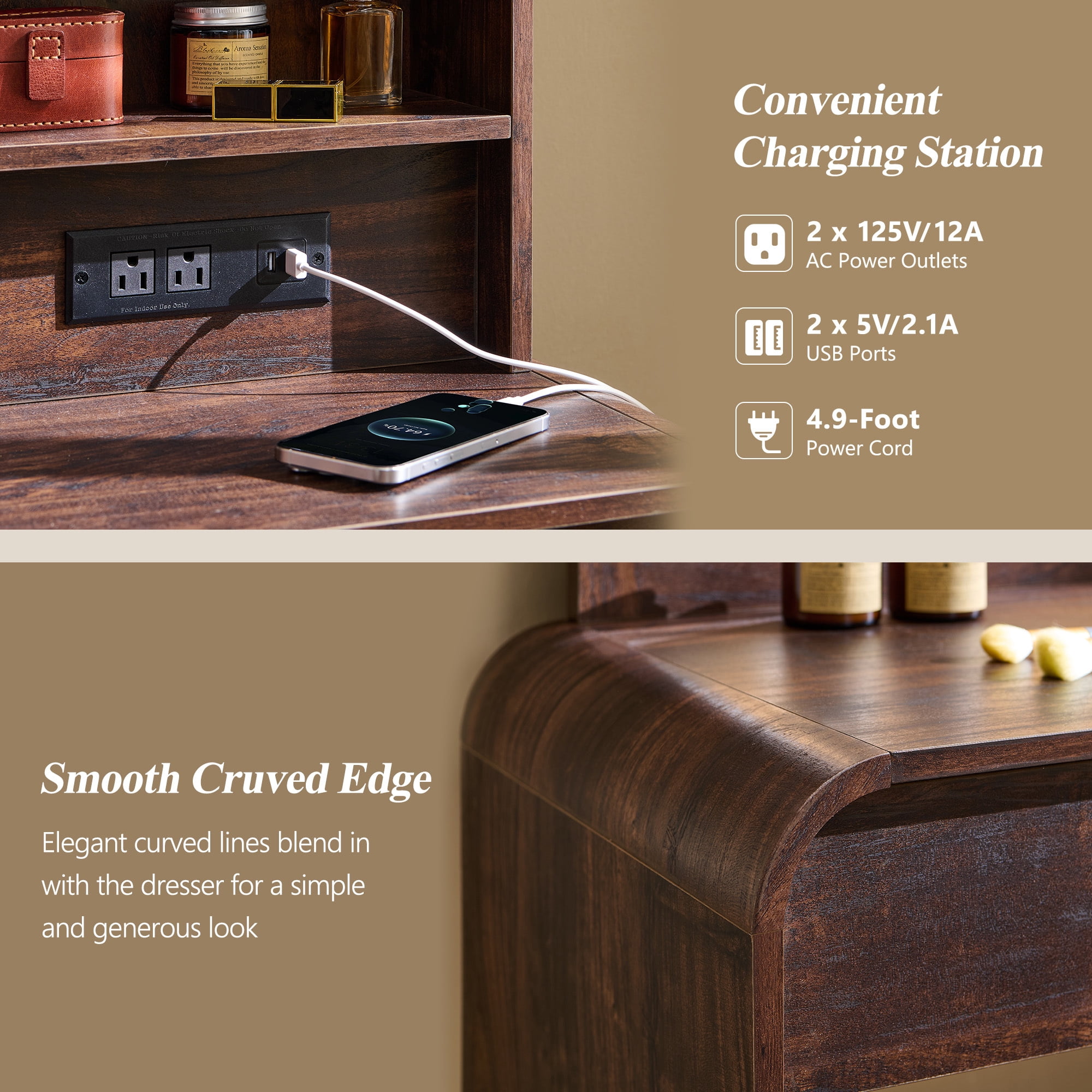 wow97e Modern Vanity Desk with Touch Screen LED Mirror, 55" Big Make Up Table with 5 Drawers , Wood Dressing Tablew/3 Color Available, Charging Station