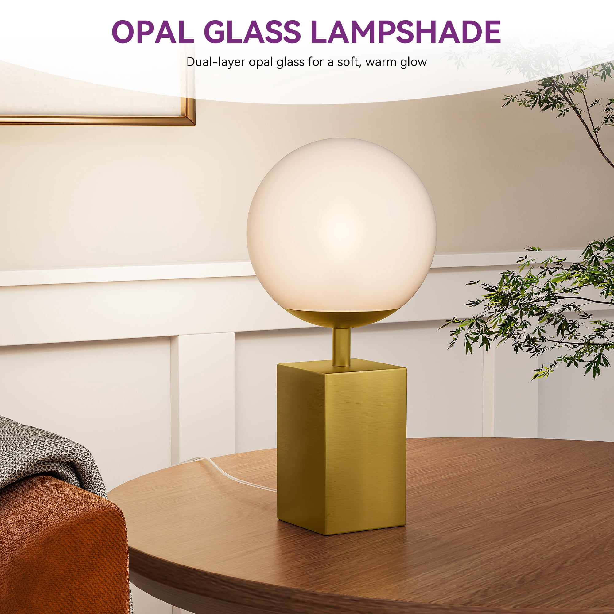 Dextrus Modern LED Globe Lamp with 4W LED Bulb, Brushed Brass Base, Contemporary Opal Glass Shade, and Dimmable Switch for Desk, Nightstand, and Tight Spaces