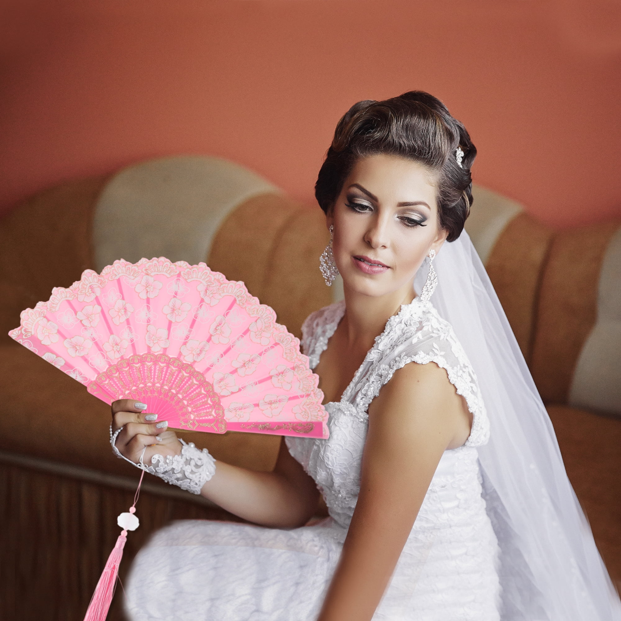 Unique Bargains Elegant Cherry Blossom With Tassel Folding Fan 1 Pc Pink