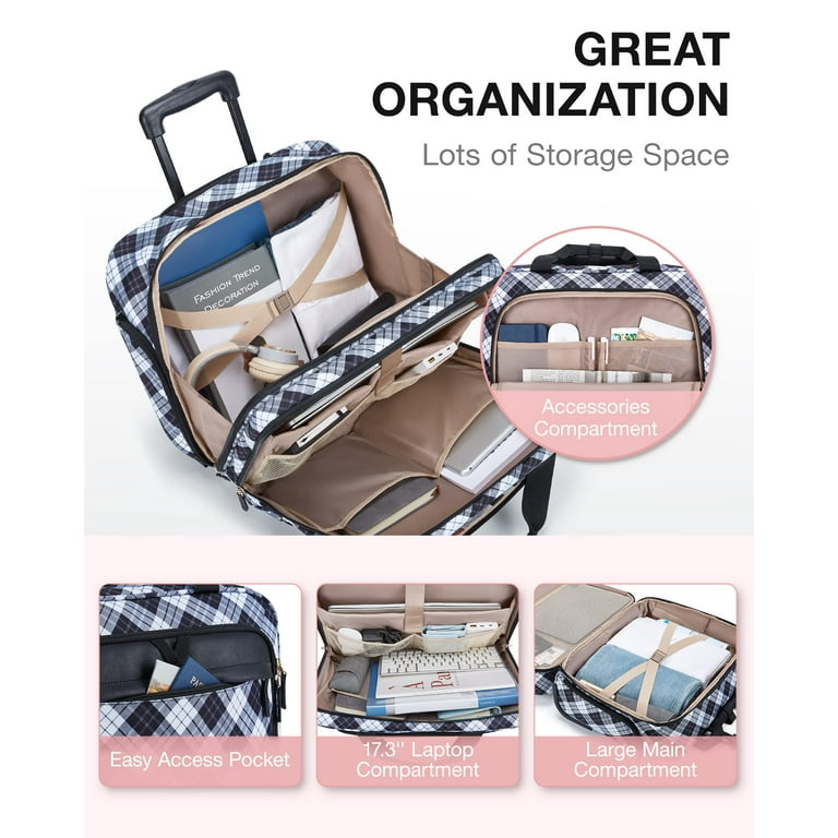 BAGSMART 17.3 Roller Laptop Bag Carry on Luggage Work Travel Men Women Black White Plaid Walmart