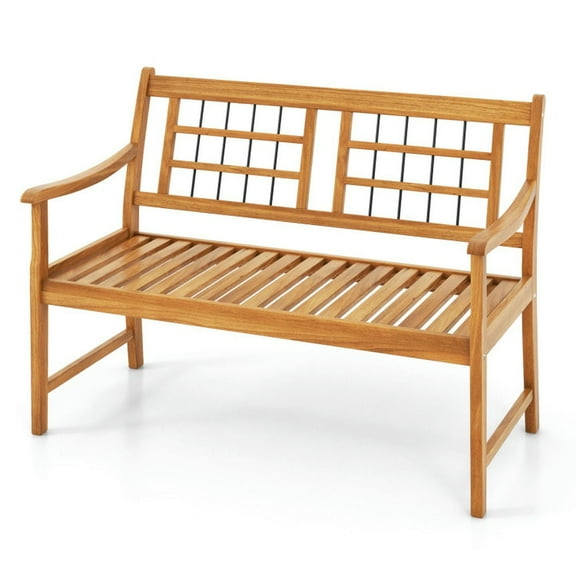 Kepooman Outdoor Bench Garden Bench, Outside Bench,Patio Acacia Wood Bench with Curved Armrests Slatted Seat and Backrest