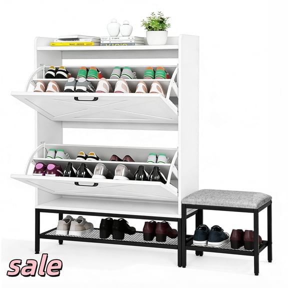 Hassch Freestanding Shoe Organizer with 2 Flip-down Drawers, Shoe bench, Hook, Barn Door Design, Modern Hidden Shoe Cabinet for Entryway, White
