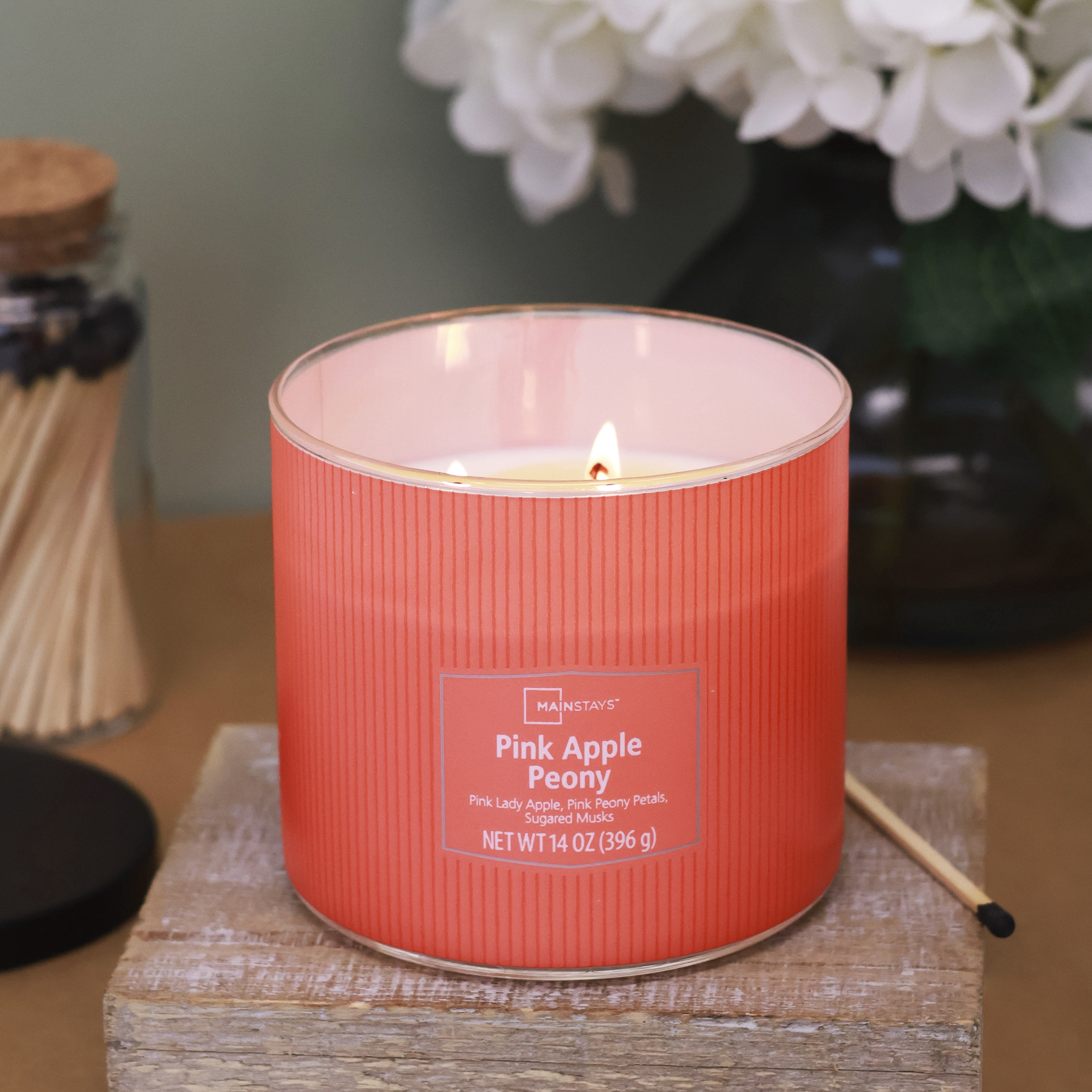 Mainstays Apple Peony Fragrance 3-Wick Textured Wrapped Jar Candle, 14 oz