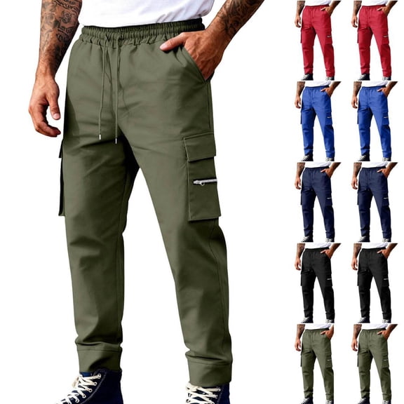 BXSRUTA Men's Cargo Pants With Multi Pocket Zipper Fly Drawstring Waist Relaxed Fit Straight Leg Outdoor Work Hiking Pants