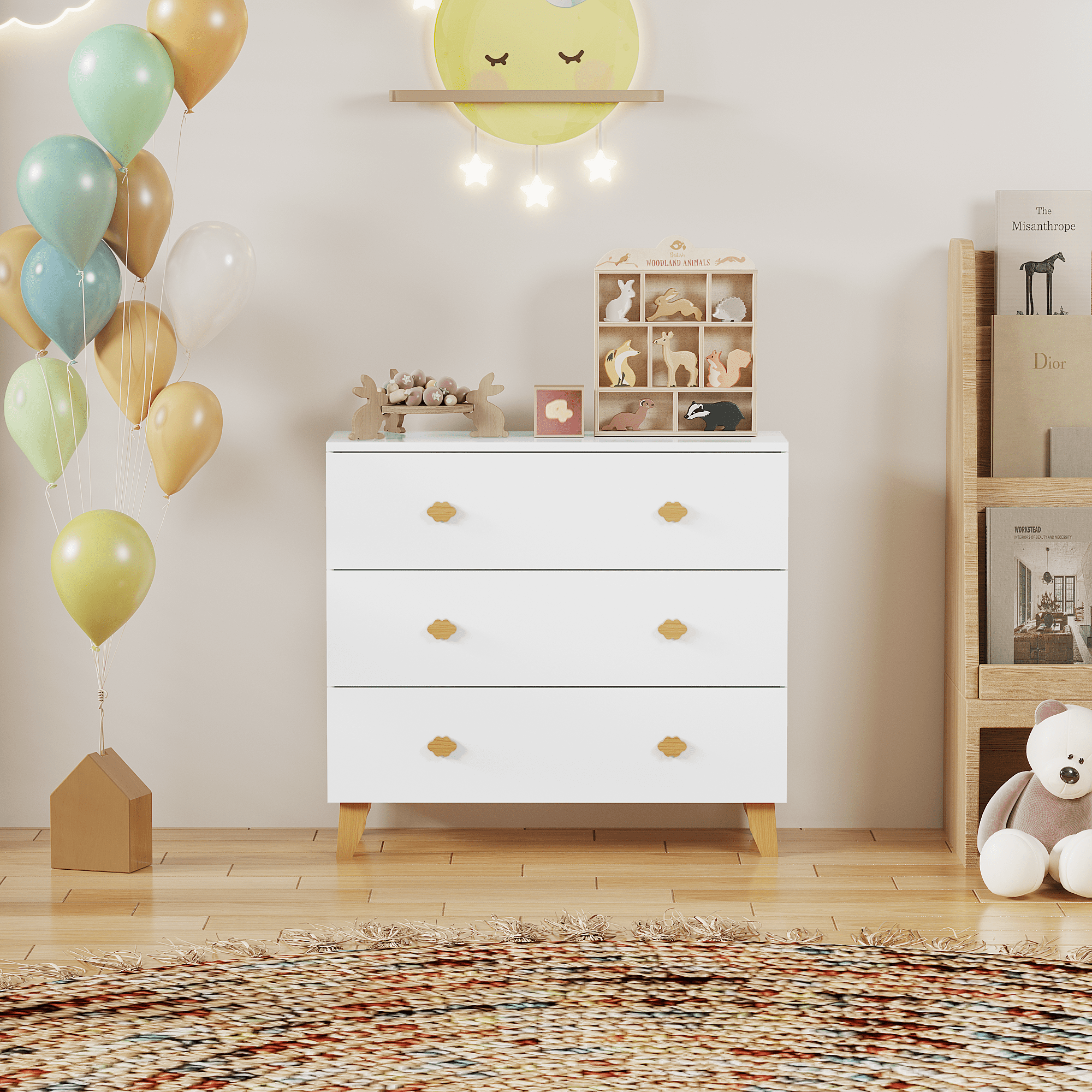Kids Dresser with 3 Drawers, Wooden Cloud Handles & Pine Legs, MDF Chest of Drawers for Kids Room, Nursery Storage Cabinet, White