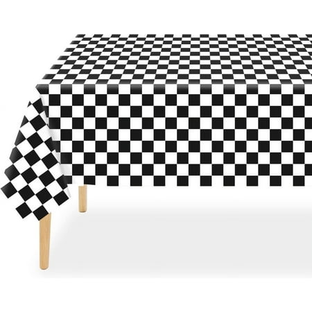 Black and White Checkered Tablecloths - 12 Pcs 54 × 108 Inches Black Checkered Flag Tablecover, Disposable Plastic Gingham Table Cover for Picnic, Truck, Race Car Birthday Party Supplies