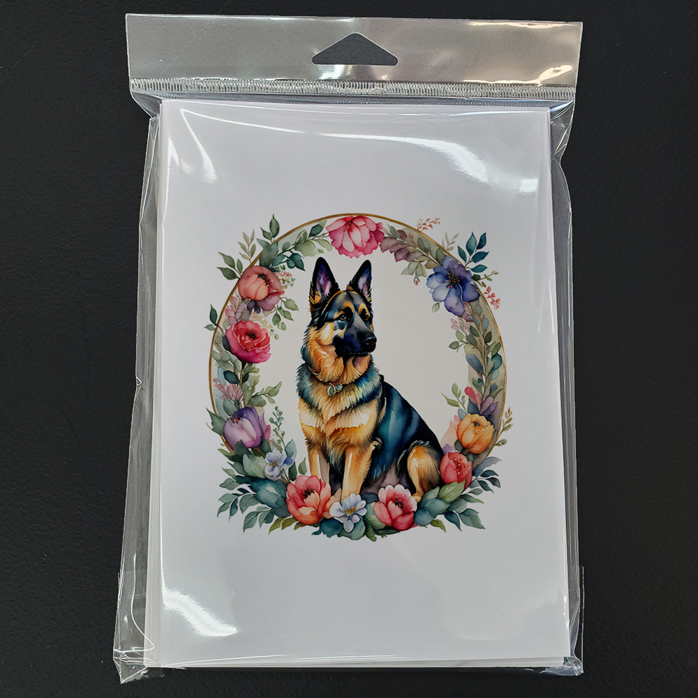 German Shepherd and Flowers Greeting Cards and Envelopes Pack of 8 7 in x 5 in