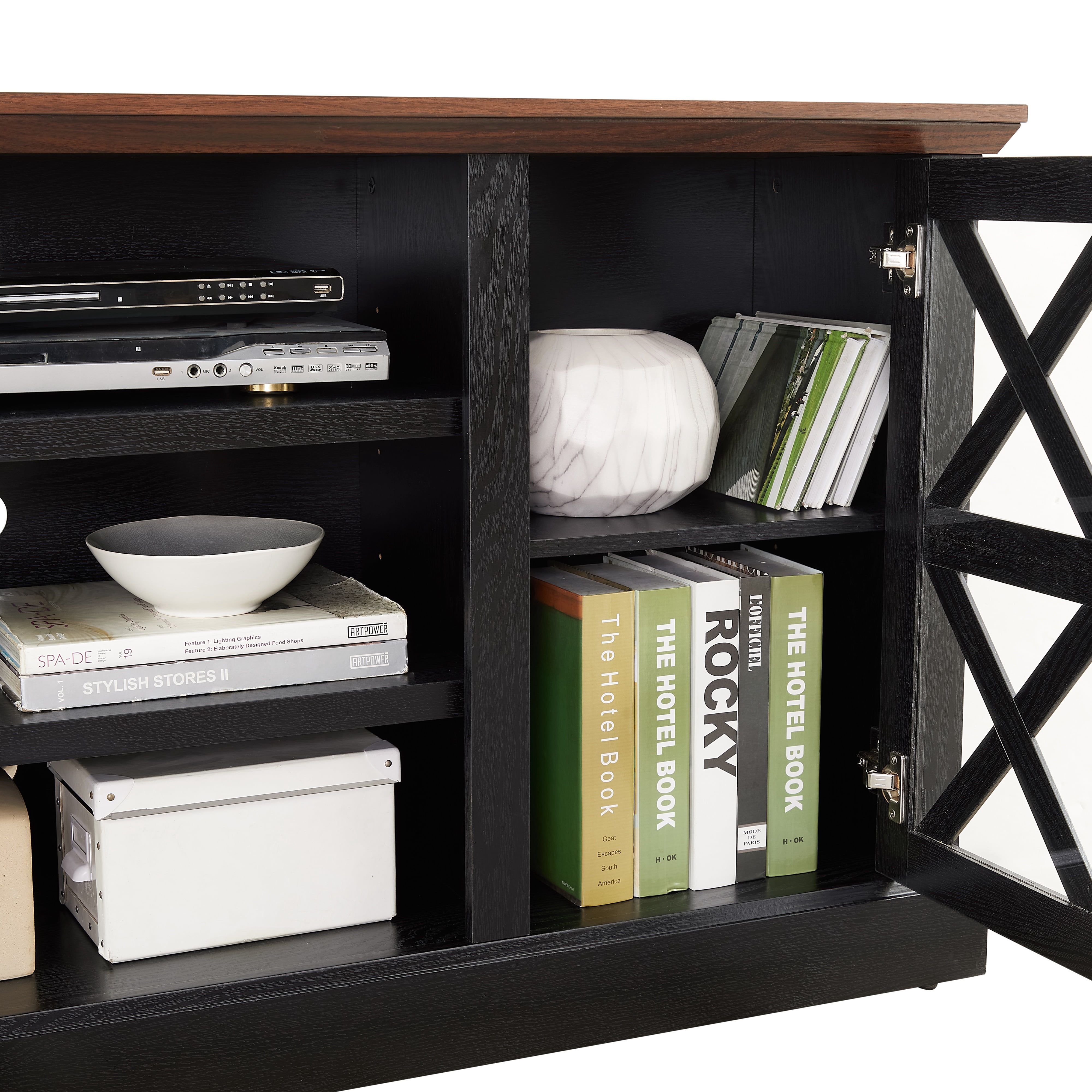 Mainstays Farmhouse TV Stand for TVs up to 70", Black/Walnut