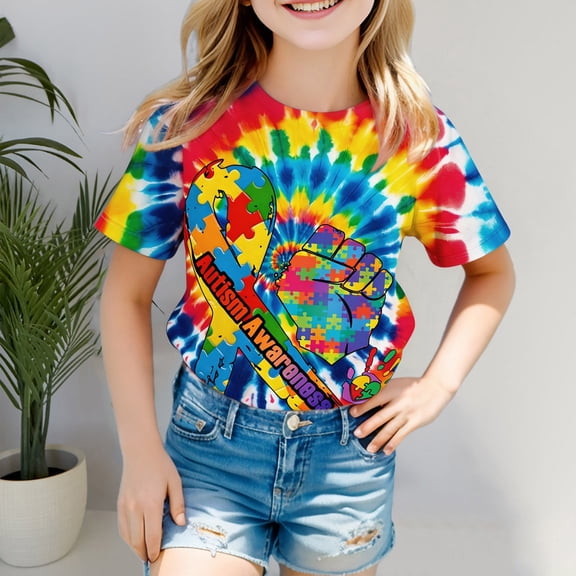 Girls' Tops Autism Awareness Day Short Sleeve Ribbed Tee Girls Clothes Blue 3-4 Years