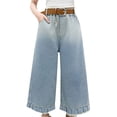 thumbnail image 4 of KAUOD Kids Girls Distressed Bottom Jeans Baggy Wide Leg Cropped Denim Pants Teen High Waist Washed Pull on Jeans Trousers, 4 of 9