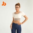 thumbnail image 2 of Fake Two-Piece Color Block Yoga Short-Sleeved Braless Sports Top (Ivory White, S), 2 of 4