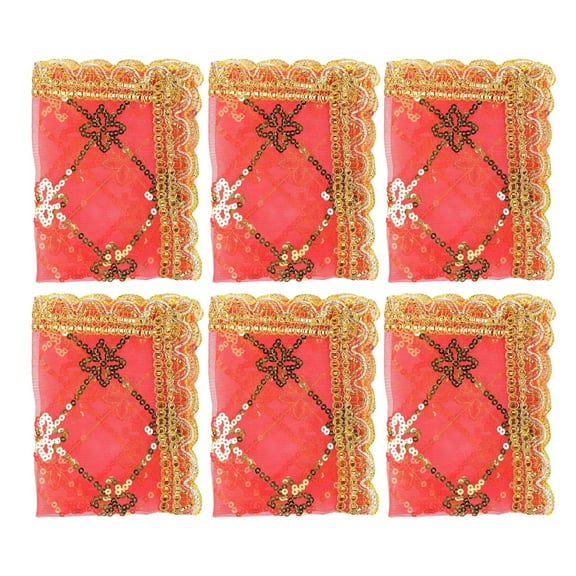 Set of 6 Chunari Decorative Netted Large Cloth Puja Chunni Chunar (Size :- 12 Inches x 9 Inches) Aasan Mat for Statue Frame Idol Temple Indian Traditional New year Gifts Festival Decoration(Red)