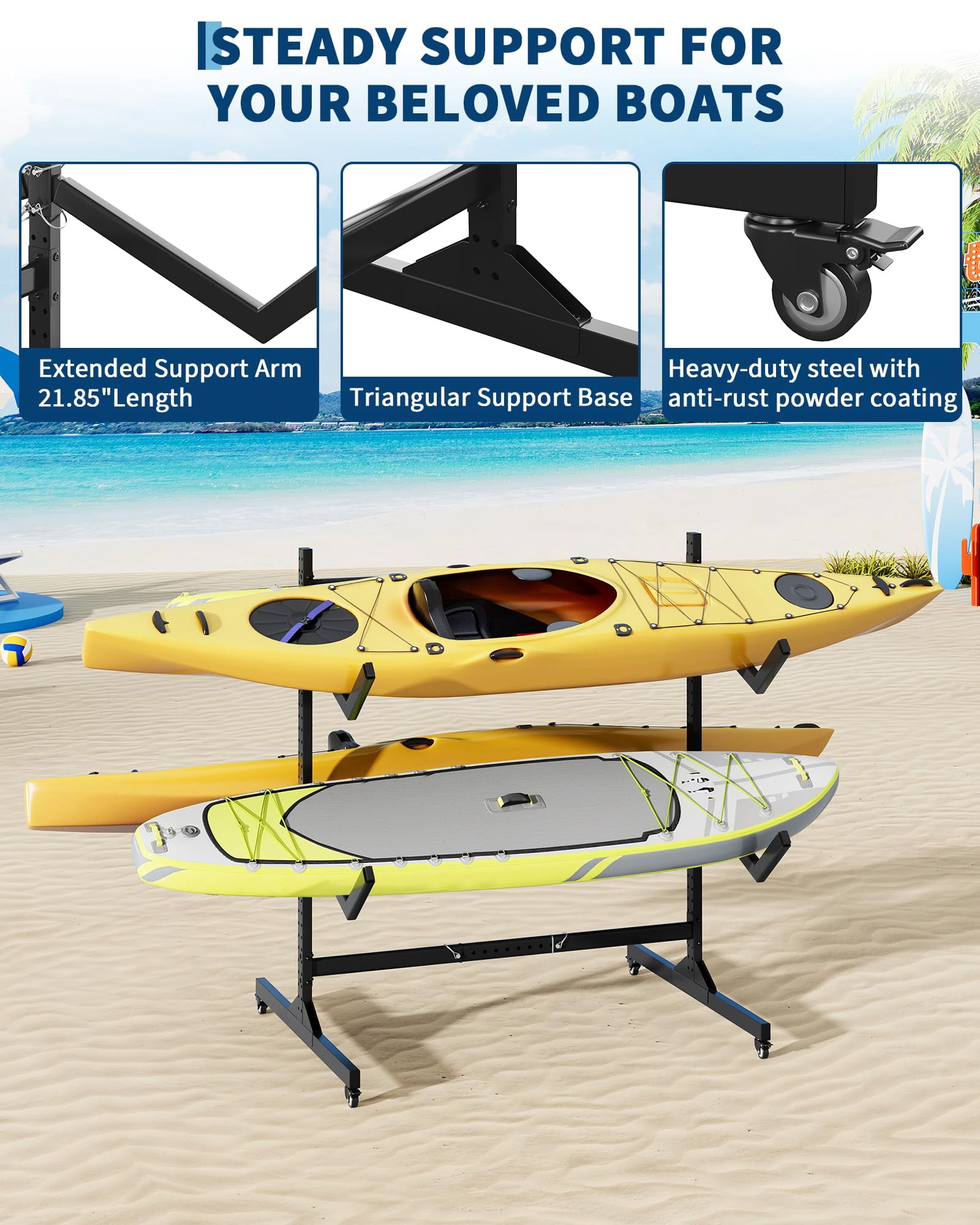 2-Tier Freestanding Kayak Storage Rack -Storage Rack for Kayaks or Canoes - Premium Kayak Stand for Outdoor and Indoor - Heavy Duty Kayak Holder