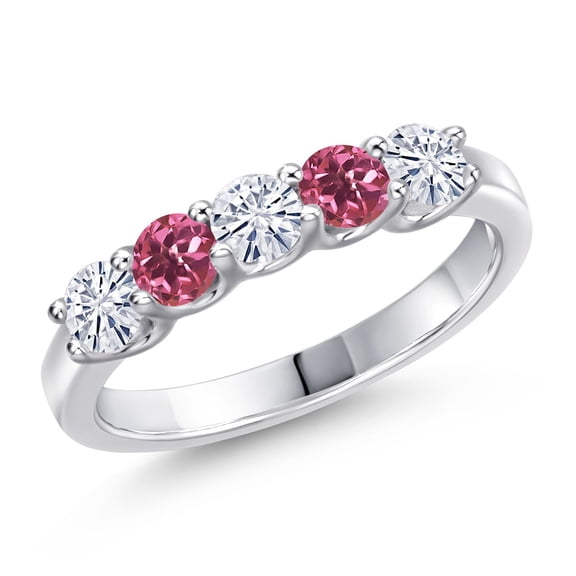 Gem Stone King 925 Sterling Silver White Moissanite and Pink Tourmaline Wedding-Bands Ring for Women | 0.78 Cttw | Round 3.5MM | Gemstone Birthstone | Size 9