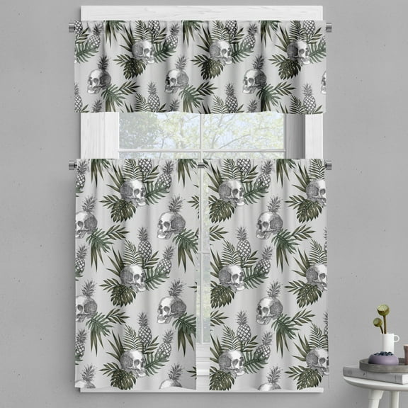 Ambesonne Skull Valance & Curtain, Gothic Item on Tropic Leaves, 55"x30", Green Brown Sage Green