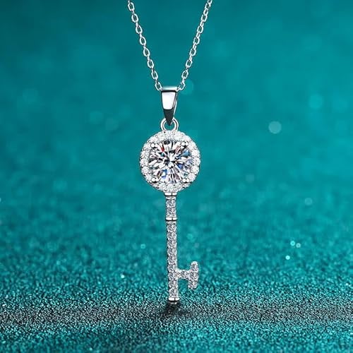1ct Moissanite Key Pendant Necklace, S925 Silver, D Color, VVS1 Clarity With GRA Certificate