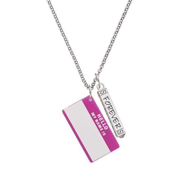 Delight Jewelry Acrylic Pink "Hello" Name Tag Silvertone Forever Bar Charm Necklace, 23"