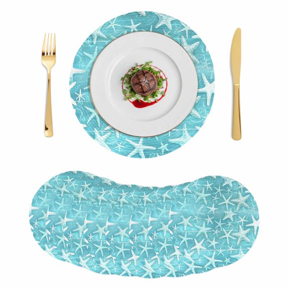 Ocean Starfish Round 15 Inch Placemats Set of 8, Watercolor Coastal Sea Starfish Summer Green HeatResistant Non Slip Place Mats for Dining Table, Wipeable Braided Kitchen Table Mats for Housewarming
