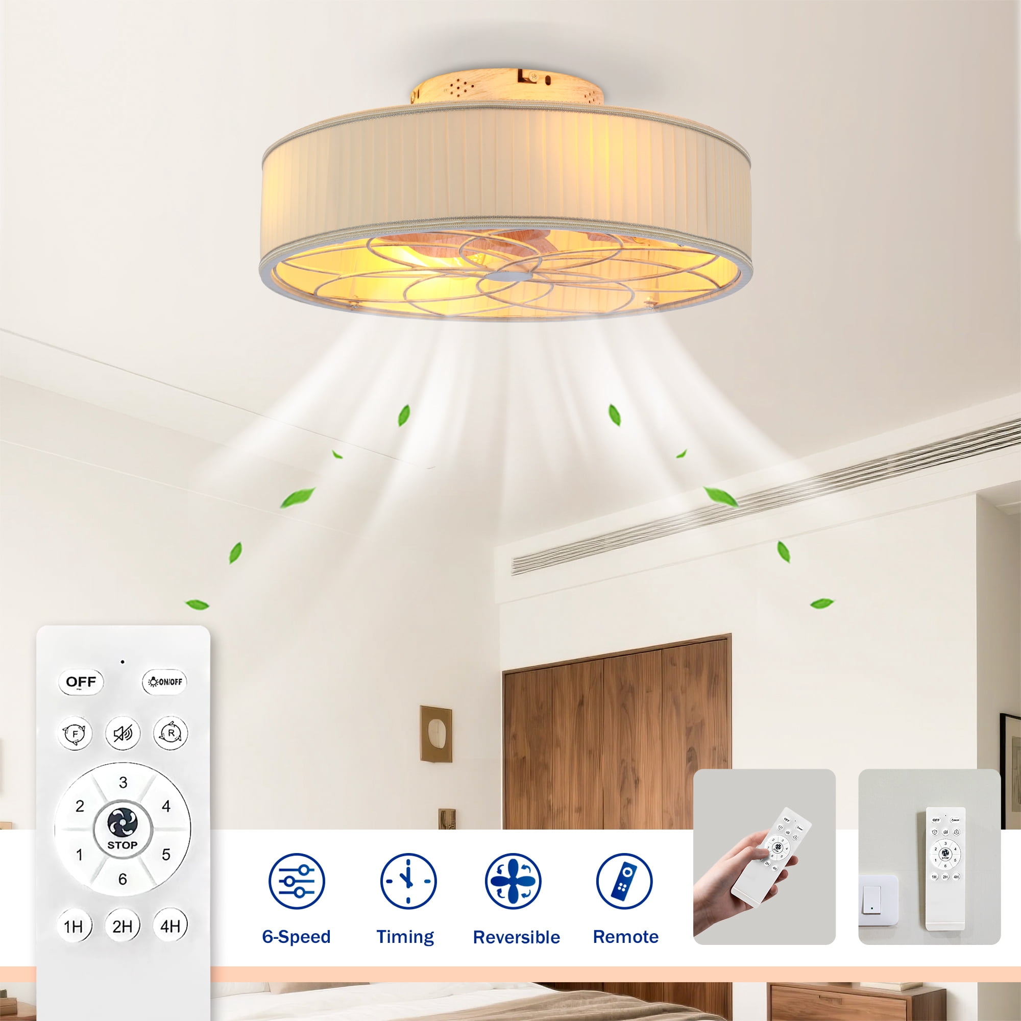 Leumius 20" Fabric Farmhouse Ceiling Fan with Light and Remote Control,Low Profile Modern Enclosed Ceiling Fans with Reversible Motor for Living Room,Bedroom,Kitchen White (NOT Included Bulbs)