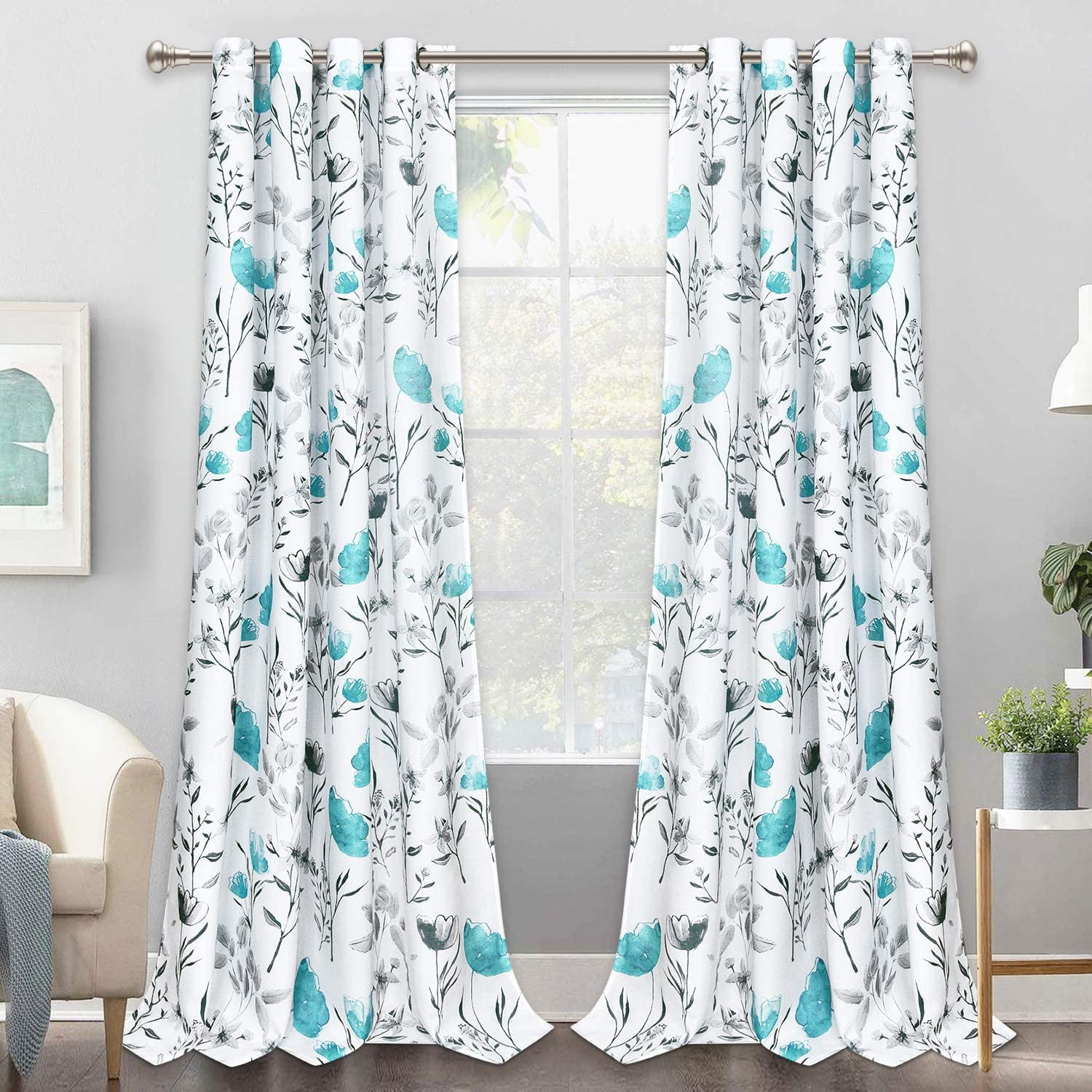 Caltero 2 Panels Teal Curtains Fall Floral Window Curtains Light ...