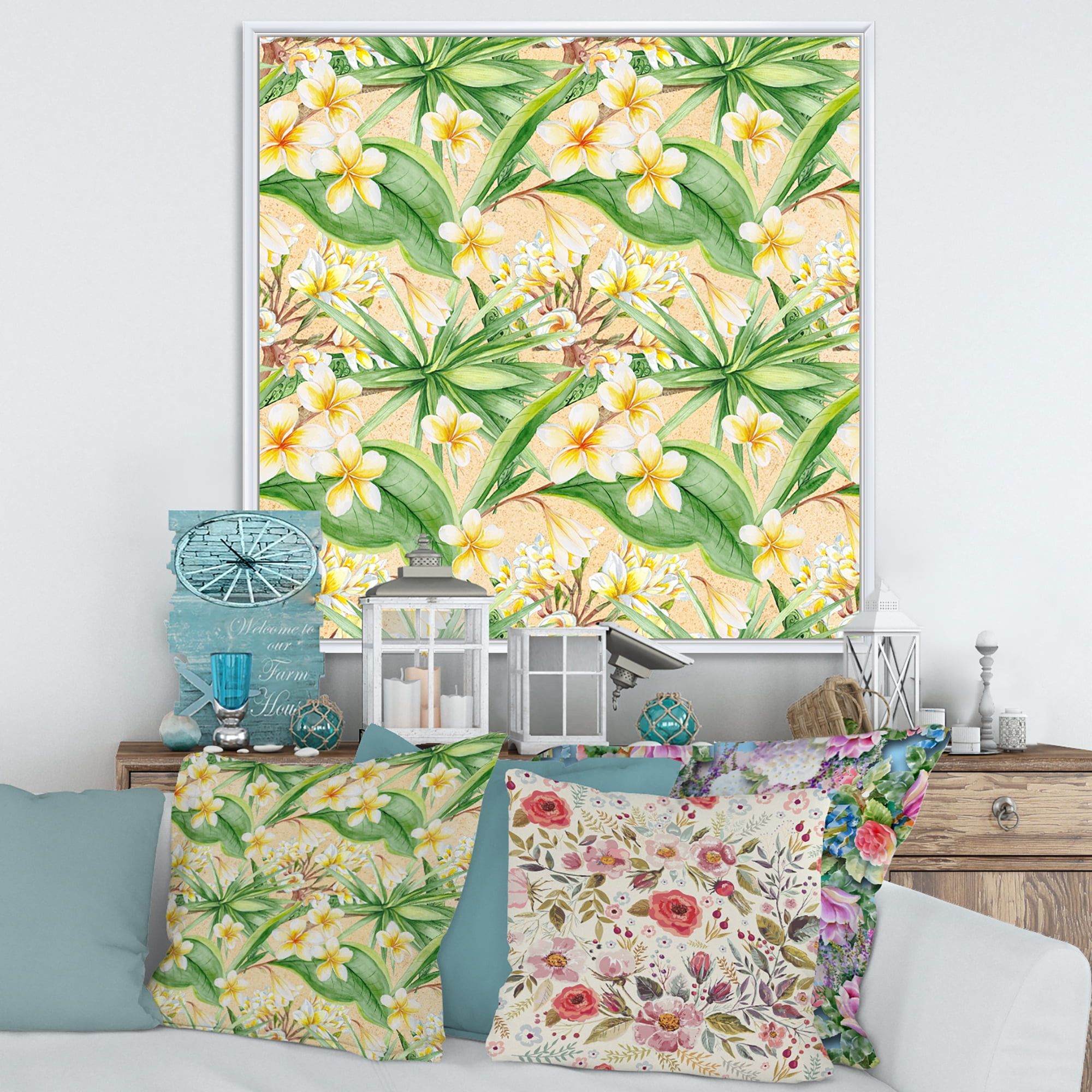 Designart 'Yellow Flowers and Tropical Foliage XIII' Modern Framed Canvas Wall Art Print