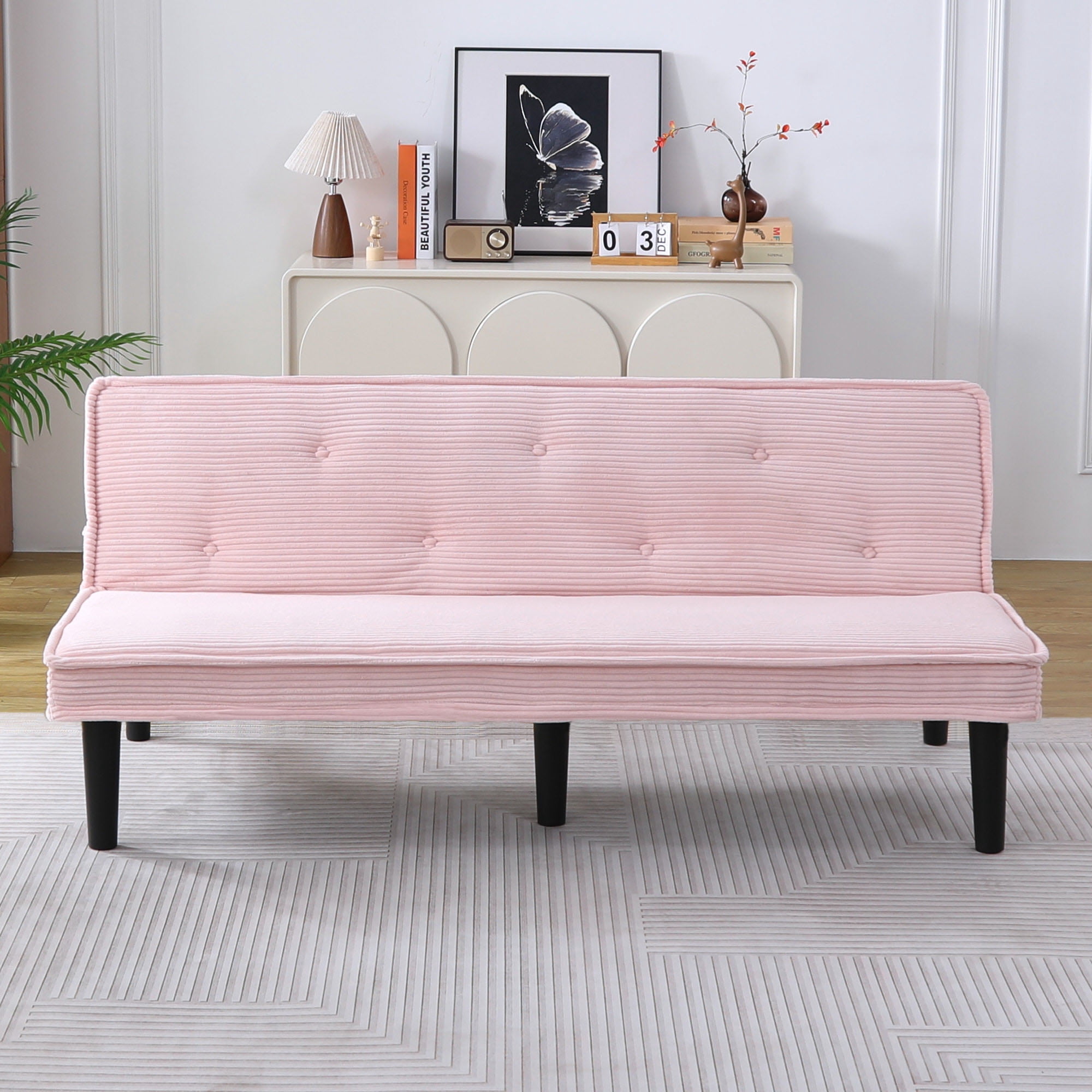 Gewnee 66''Futon Sofa Bed,Corduroy Fabric Sleeper Sofa with Button Design,Lovseat for Living Rooms and Apartments.(Pink)