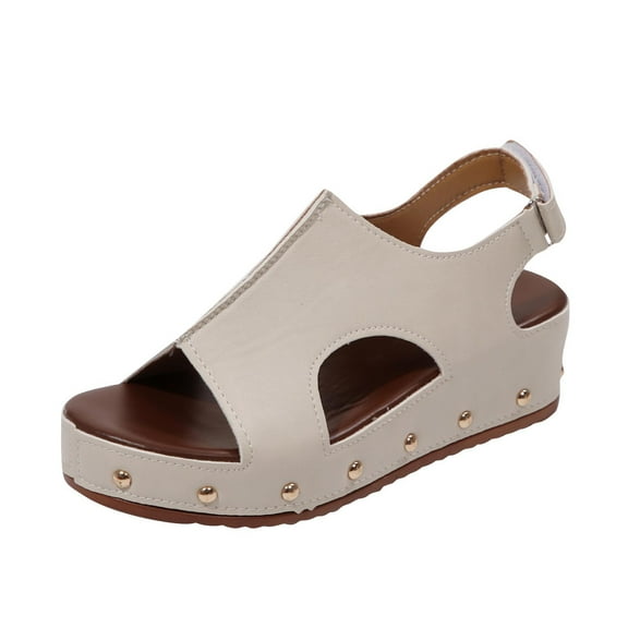 OWUUcdse Women's Platform Wedge Sandals, Slip-on Non-slip Beach Open Toe Comfort Sandals Beige Size 7