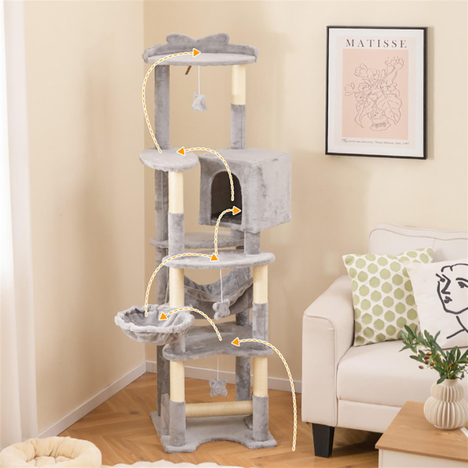 Kadyn 69" Modern Cat Tree with Toy, Cat Tower Condo for Indoor Cats with Cozy Condos, Sisal Scratching Posts and Top Perch, Beige