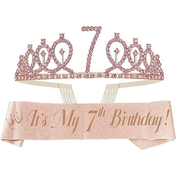 EBE EmmasbyEmma 7th Birthday Sash and Tiara for Girls - Fabulous Glitter Sash   Loops Rhinestone Pink Premium Metal Tiara for Girls, 7th Birthday Gifts for Princess Party