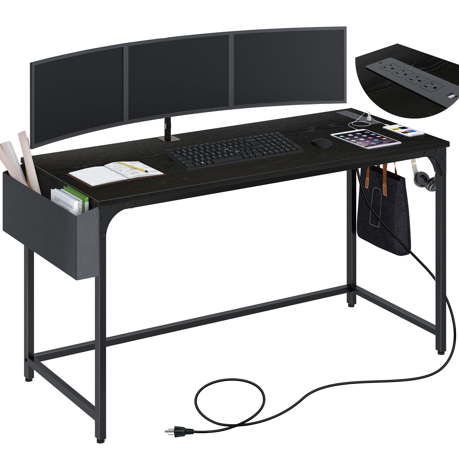 Rolanstar Computer Desk with USB Ports 55”for Home Office,Black