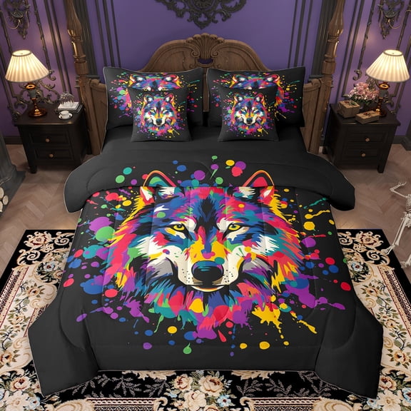 Homewish Wolf Wildlife Teens Twin Bedding Sets 7-Piece, Cartoon Splash Watercolor Bedding Comforter Set, Modern Fashion Reversible Sheet Sets, Microfiber Bedroom Decor