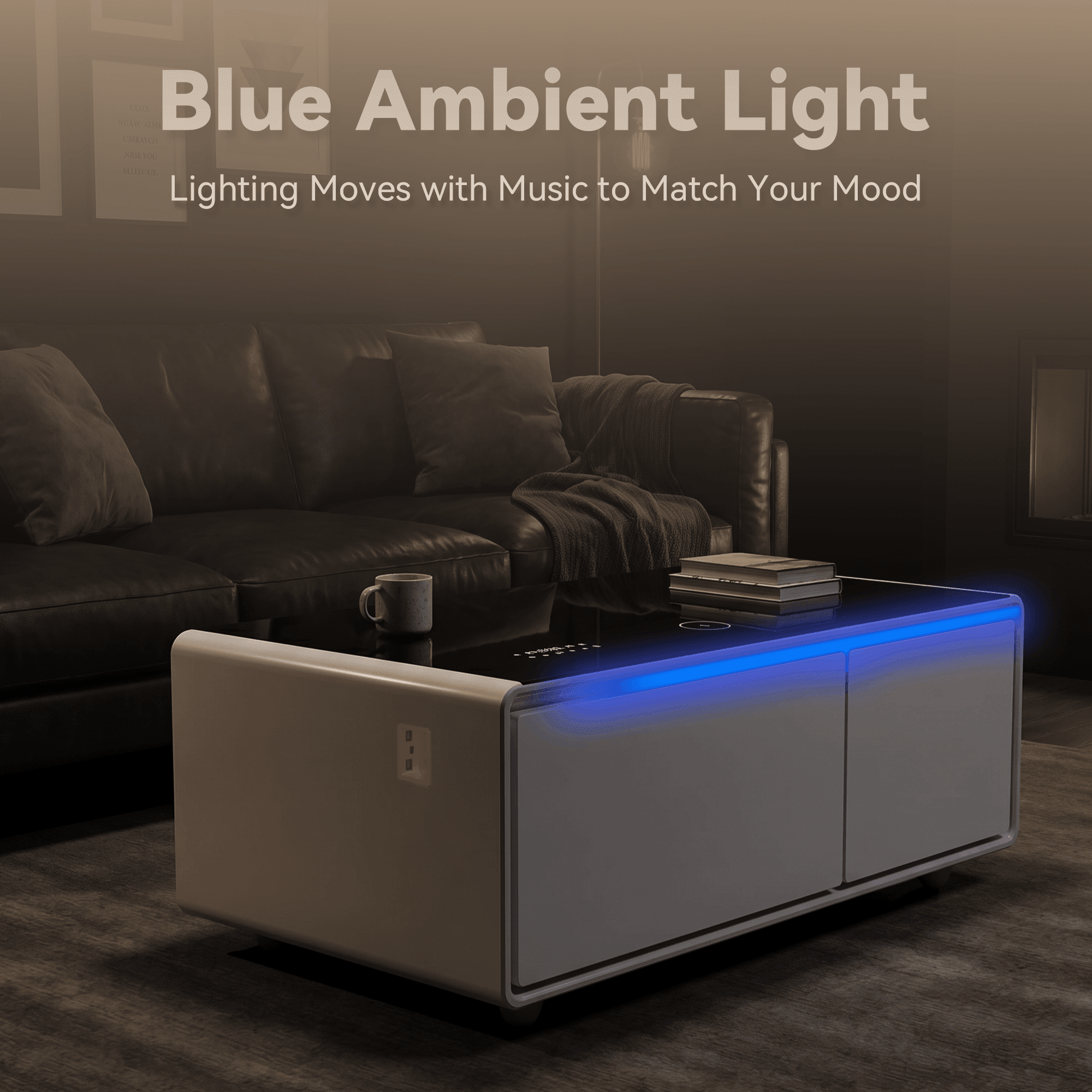 LIVTAB Smart Coffee Table, 23" D x 41.5" W x 18.2" H, Living Room Table with Built in Fridge and Speakers, Smart Table with 15W Wireless Charging, USB Chargers and 110V Outlets, White