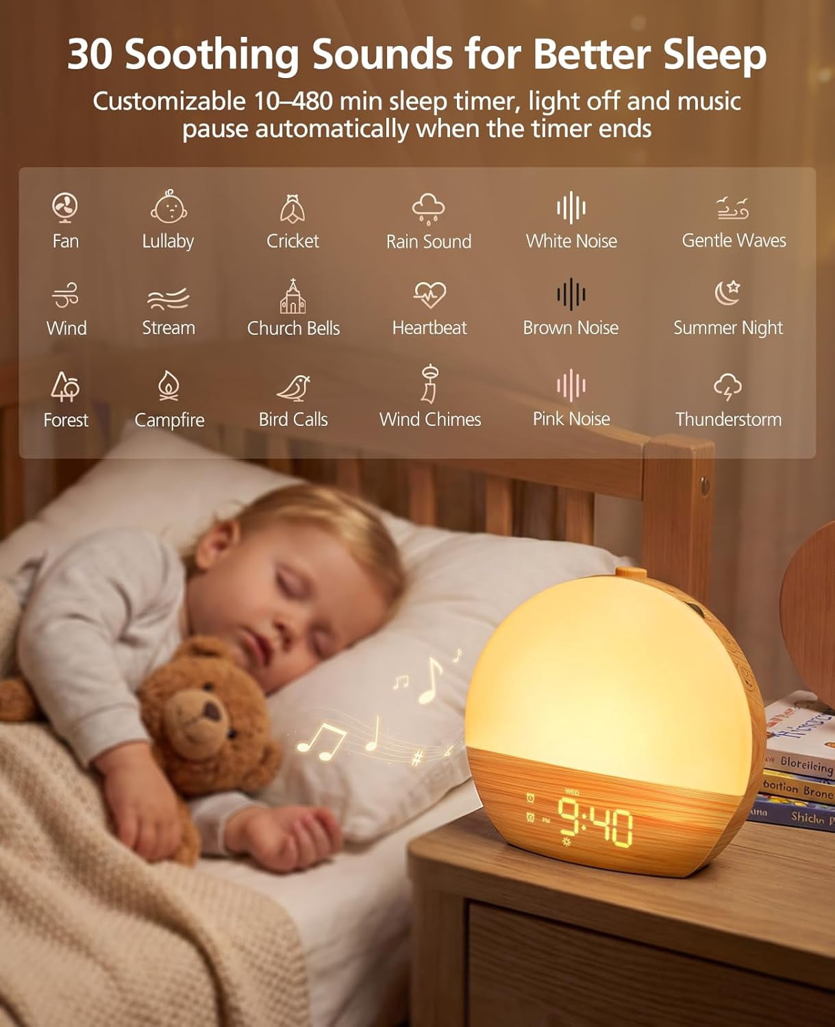 Klamerit Sunrise Alarm Clock with Sound Machine with 30 Soothing Sounds, 17 Night Lights, Bluetooth Speaker Wake Up Light Alarm Clocks for bedrooms, Heavy Sleepers