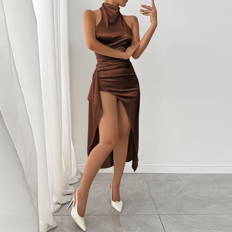 women in bodycon dresses Wrkekc for Solid Halter Mock Neck Satin Ruched High Slit Maxi Flowy Silhouette Everyday, Women's, Size: Large, Brown Cotton On Women -