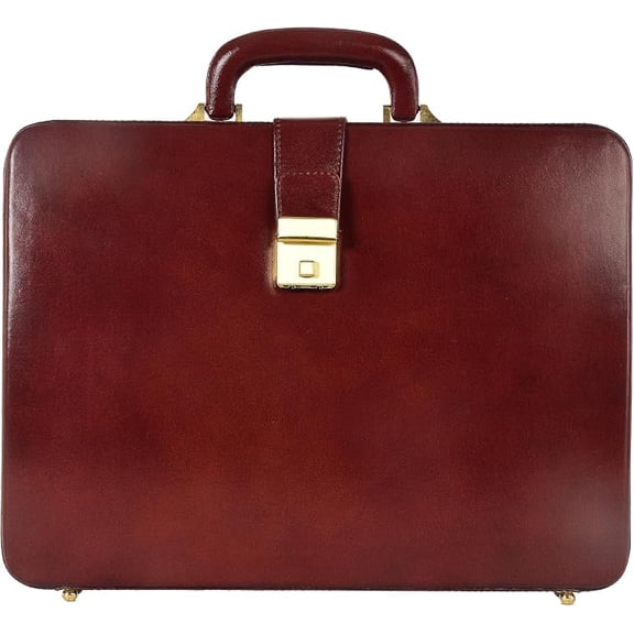 Elegant Genuine Leather Attache Briefcase - Classic Hard Case Laptop Bag with Secure Lock - Brown