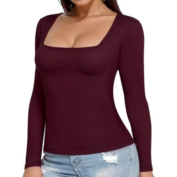 Womens Square Neck T Shirts Long Sleeve Tops Fitted Tees
